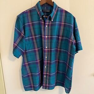 Vintage Van Heusen Mens Large Teal Purple Plaid Short Sleeve Button Down Shirt